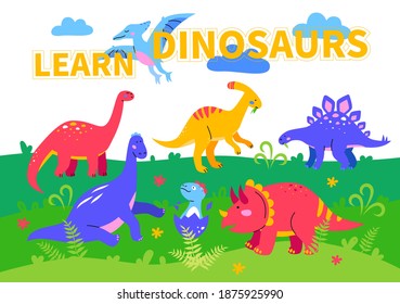 Learn dinosaurs - colorful flat design style poster. Prehistoric times. An illustration with ornitosaurus, parasaurolophus, stegosaur, diplodocus and brachiosaurus walking in the field chewing grass