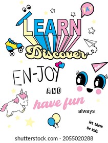 learn discover enjoy. colorful text for kids