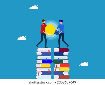 Learn to discover innovation. two people helping each other to carry a light bulb on a pile of books