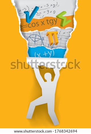 Learn and Discover  math. 
Human silhouette ripping orange paper with mathematics symbols and notes. Vector available.