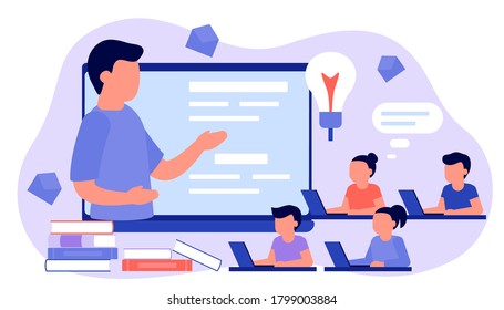 Learn from distance with man teacher, online education. Kids boy and girl is sitting on laptop and studying lesson. Child learns remotely. Home school, web e-learning, knowledge concept. Vector flat