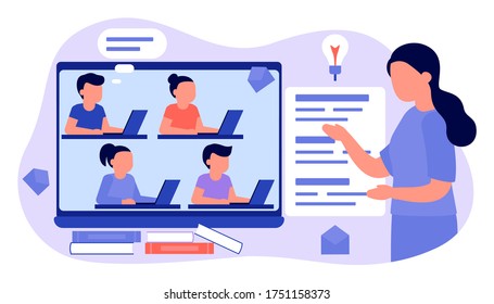 Learn from distance with teacher, online education. Kids boy and girl is sitting on laptop and studying lesson. Child learns remotely. Home school, web e-learning, knowledge concept. Vector flat style