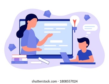 Learn from distance with teacher, online education. Kid boy is sitting on laptop and studying lesson. Child learns remotely. Home school, web e-learning, knowledge concept. Vector flat illustration