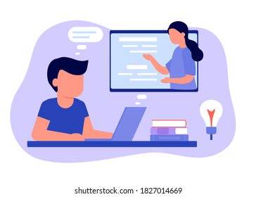 Learn from distance with teacher, online education. Kid boy is sitting on laptop and studying lesson. Child learns remotely. Home school, web e-learning, knowledge concept. Vector flat style