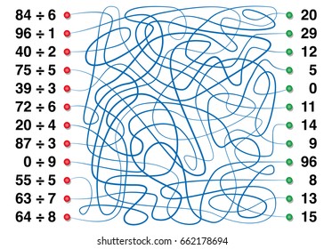 Learn dividing with this playful maze - the lines connect dividend and divisor with the right quotient. Isolated vector illustration on white background.