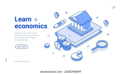 Learn economics studying education outline isometric web banner design template vector illustration. Scholarship graduation learning economy financial knowledge university college school landing page