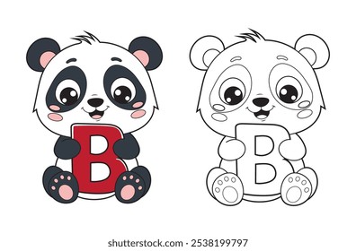 Learn the English alphabet and letters with a cute cartoon character. A printable kids' coloring page with a cute panda holding the letter B. Educational spelling coloring books for early learners.
