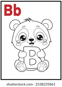 Learn the English alphabet and letters with a cute cartoon character. A printable kids' coloring page with a cute panda holding the letter B. Educational spelling coloring books for early learners.
