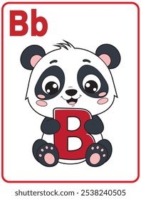 Learn the English alphabet and letters with a cute cartoon character. A cute panda holding the letter b flashcard.
