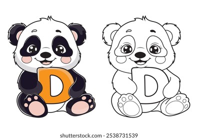 Aprenda o alfabeto inglês e letras com um personagem de desenho animado bonito. Uma página para colorir de crianças imprimível com um panda bonito segurando a letra D. Livros de colorir ortografia educacional para os primeiros alunos.
