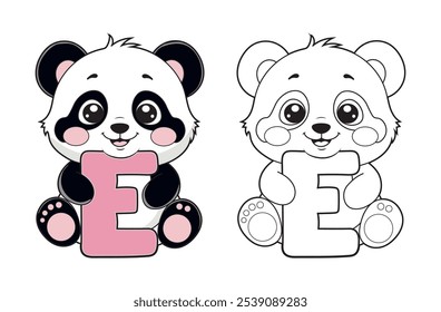 Learn the English alphabet and letters with a cute cartoon character. A printable kids' coloring page with a cute panda holding the letter E. Educational spelling coloring books for early learners.
