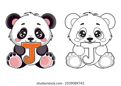 Learn the English alphabet and letters with a cute cartoon character. A printable kids' coloring page with a cute panda holding the letter J. Educational spelling coloring books for early learners.
