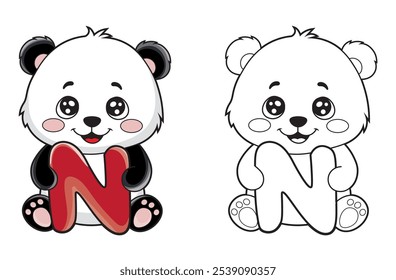 Learn the English alphabet and letters with a cute cartoon character. A printable kids' coloring page with a cute panda holding the letter N. Educational spelling coloring books for early learners.
