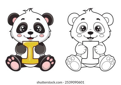 Learn the English alphabet and letters with a cute cartoon character. A printable kids' coloring page with a cute panda holding the letter I. Educational spelling coloring books for early learners.
