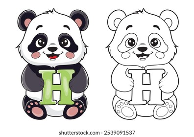 Learn the English alphabet and letters with a cute cartoon character. A printable kids' coloring page with a cute panda holding the letter H. Educational spelling coloring books for early learners.
