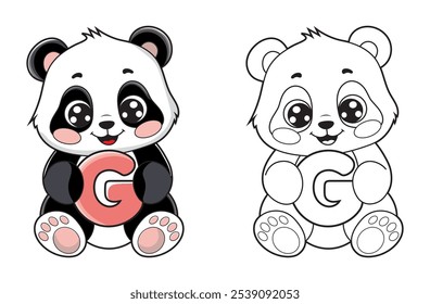 Learn the English alphabet and letters with a cute cartoon character. A printable kids' coloring page with a cute panda holding the letter G. Educational spelling coloring books for early learners.
