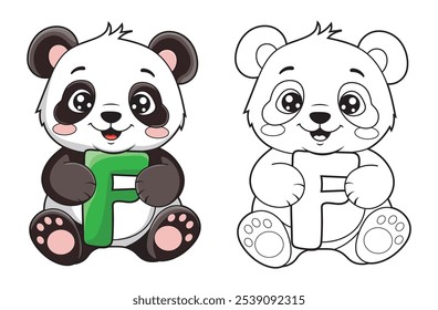 Learn the English alphabet and letters with a cute cartoon character. A printable kids' coloring page with a cute panda holding the letter F. Educational spelling coloring books for early learners.
