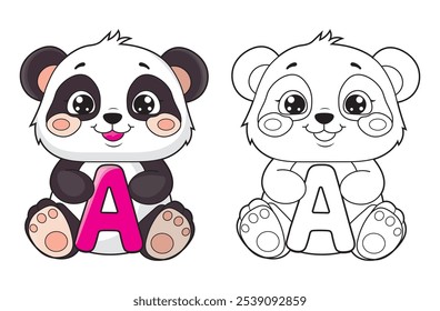 Learn the English alphabet and letters with a cute cartoon character. A printable kids' coloring page with a cute panda holding the letter A. Educational spelling coloring books for early learners.
