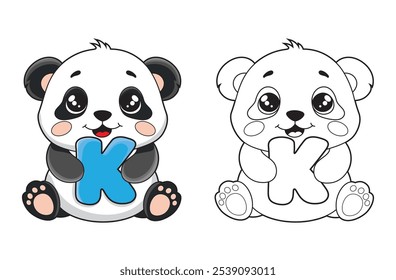 Learn the English alphabet and letters with a cute cartoon character. A printable kids' coloring page with a cute panda holding the letter K. Educational spelling coloring books for early learners.
