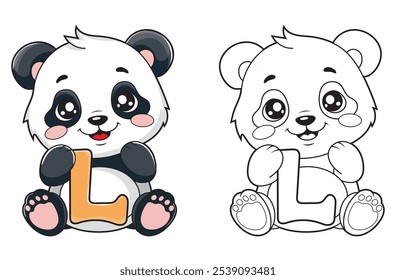 Learn the English alphabet and letters with a cute cartoon character. A printable kids' coloring page with a cute panda holding the letter L. Educational spelling coloring books for early learners.
