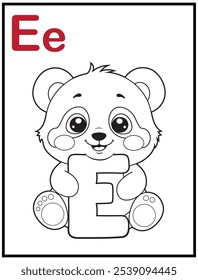 Learn the English alphabet and letters with a cute cartoon character. A printable kids' coloring page with a cute panda holding the letter E. Educational spelling coloring books for early learners.
