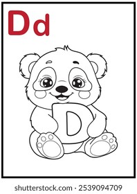 Learn the English alphabet and letters with a cute cartoon character. A printable kids' coloring page with a cute panda holding the letter D. Educational spelling coloring books for early learners.
