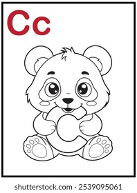 Learn the English alphabet and letters with a cute cartoon character. A printable kids' coloring page with a cute panda holding the letter C. Educational spelling coloring books for early learners.
