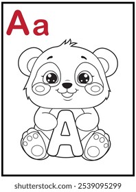 Learn the English alphabet and letters with a cute cartoon character. A printable kids' coloring page with a cute panda holding the letter A. Educational spelling coloring books for early learners.
