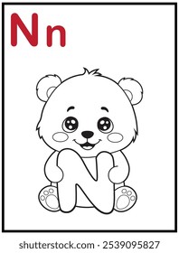 Learn the English alphabet and letters with a cute cartoon character. A printable kids' coloring page with a cute panda holding the letter N. Educational spelling coloring books for early learners.
