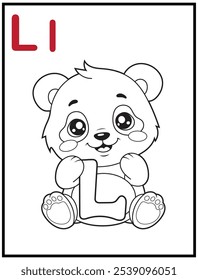 Learn the English alphabet and letters with a cute cartoon character. A printable kids' coloring page with a cute panda holding the letter L. Educational spelling coloring books for early learners.
