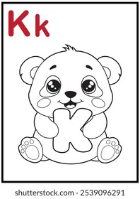 Learn the English alphabet and letters with a cute cartoon character. A printable kids' coloring page with a cute panda holding the letter K. Educational spelling coloring books for early learners.
