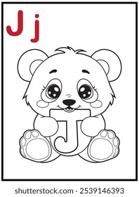 Learn the English alphabet and letters with a cute cartoon character. A printable kids' coloring page with a cute panda holding the letter J. Educational spelling coloring books for early learners.
