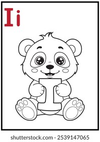 Aprenda o alfabeto inglês e letras com um personagem de desenho animado bonito. Uma página para colorir de crianças imprimível com um panda bonito segurando a letra I. Livros de colorir ortografia educacional para os primeiros alunos.
