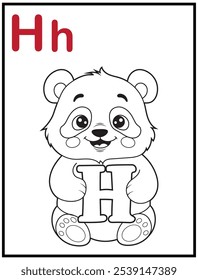 Learn the English alphabet and letters with a cute cartoon character. A printable kids' coloring page with a cute panda holding the letter H. Educational spelling coloring books for early learners.
