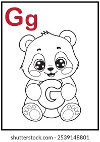 Learn the English alphabet and letters with a cute cartoon character. A printable kids' coloring page with a cute panda holding the letter G. Educational spelling coloring books for early learners.
