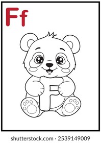 Learn the English alphabet and letters with a cute cartoon character. A printable kids' coloring page with a cute panda holding the letter F. Educational spelling coloring books for early learners.
