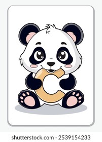 Aprenda o alfabeto inglês e letras com um personagem de desenho animado bonito. Um panda bonito segurando a letra C. Um cartão de impressão.

