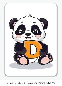 Learn the English alphabet and letters with a cute cartoon character. A cute panda holding the letter D. A printable flashcard.
