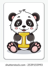 Aprenda o alfabeto inglês e letras com um personagem de desenho animado bonito. Um panda bonito segurando a letra I. Um cartão de impressão.
