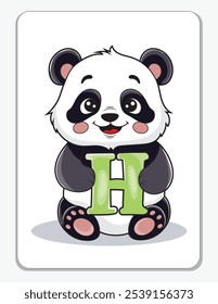 Aprenda o alfabeto inglês e letras com um personagem de desenho animado bonito. Um panda bonito segurando a letra H. Um cartão de impressão.
