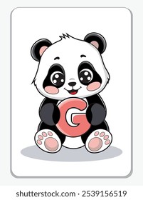 Aprenda o alfabeto inglês e letras com um personagem de desenho animado bonito. Um panda bonito segurando a letra G. Um cartão de impressão.
