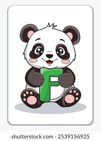 Learn the English alphabet and letters with a cute cartoon character. A cute panda holding the letter F. A printable flashcard.
