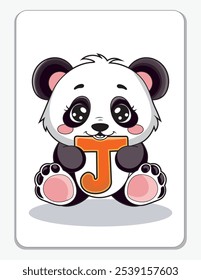 Aprenda o alfabeto inglês e letras com um personagem de desenho animado bonito. Um panda bonito segurando a letra J. Um cartão de impressão.
