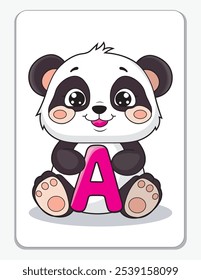 Learn the English alphabet and letters with a cute cartoon character. A cute panda holding the letter A. A printable flashcard.
