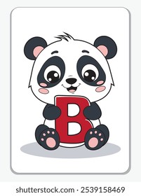 Aprende el alfabeto inglés y las letras con un personaje de dibujos animados lindo. Un panda lindo sosteniendo la letra B. Una tarjeta imprimible.
