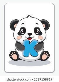 Learn the English alphabet and letters with a cute cartoon character. A cute panda holding the letter K. A printable flashcard.
