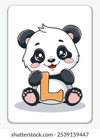 Aprenda o alfabeto inglês e letras com um personagem de desenho animado bonito. Um panda bonito segurando a letra L. Um cartão de impressão.
