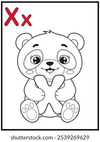 Learn the English alphabet and letters with a cute cartoon character. A printable kids' coloring page with a cute panda holding the letter X. Educational spelling coloring books for early learners.
