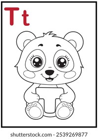 Learn the English alphabet and letters with a cute cartoon character. A printable kids' coloring page with a cute panda holding the letter T. Educational spelling coloring books for early learners.
