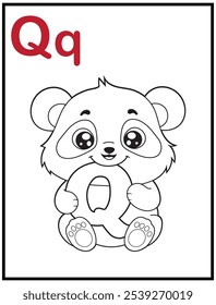 Learn the English alphabet and letters with a cute cartoon character. A printable kids' coloring page with a cute panda holding the letter Q. Educational spelling coloring books for early learners.
